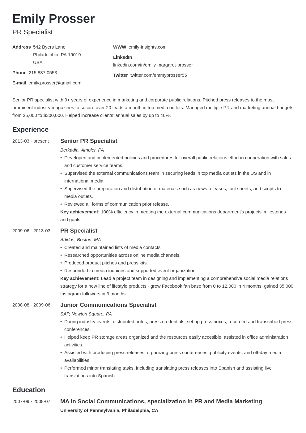 public relations resume example template minimo
