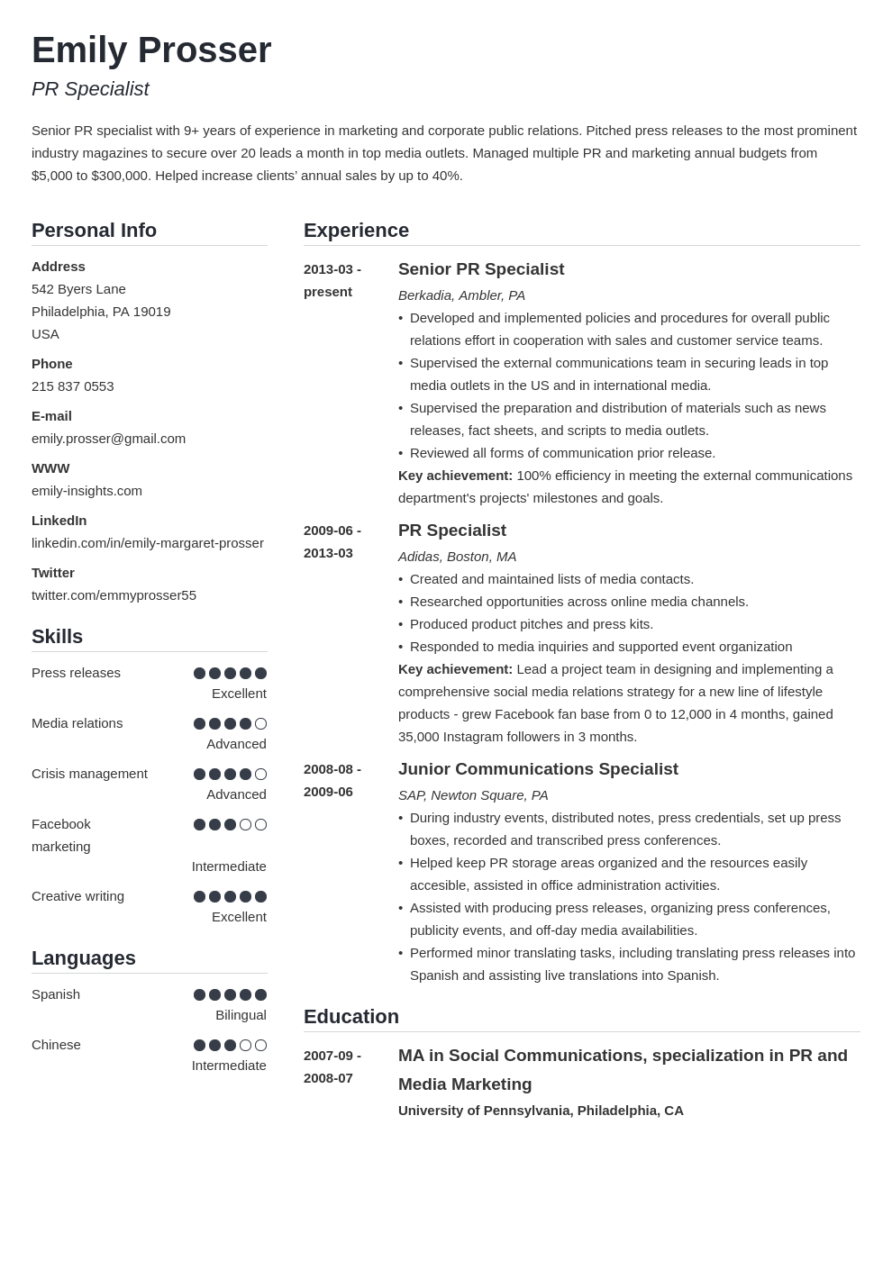 public relations resume example template simple