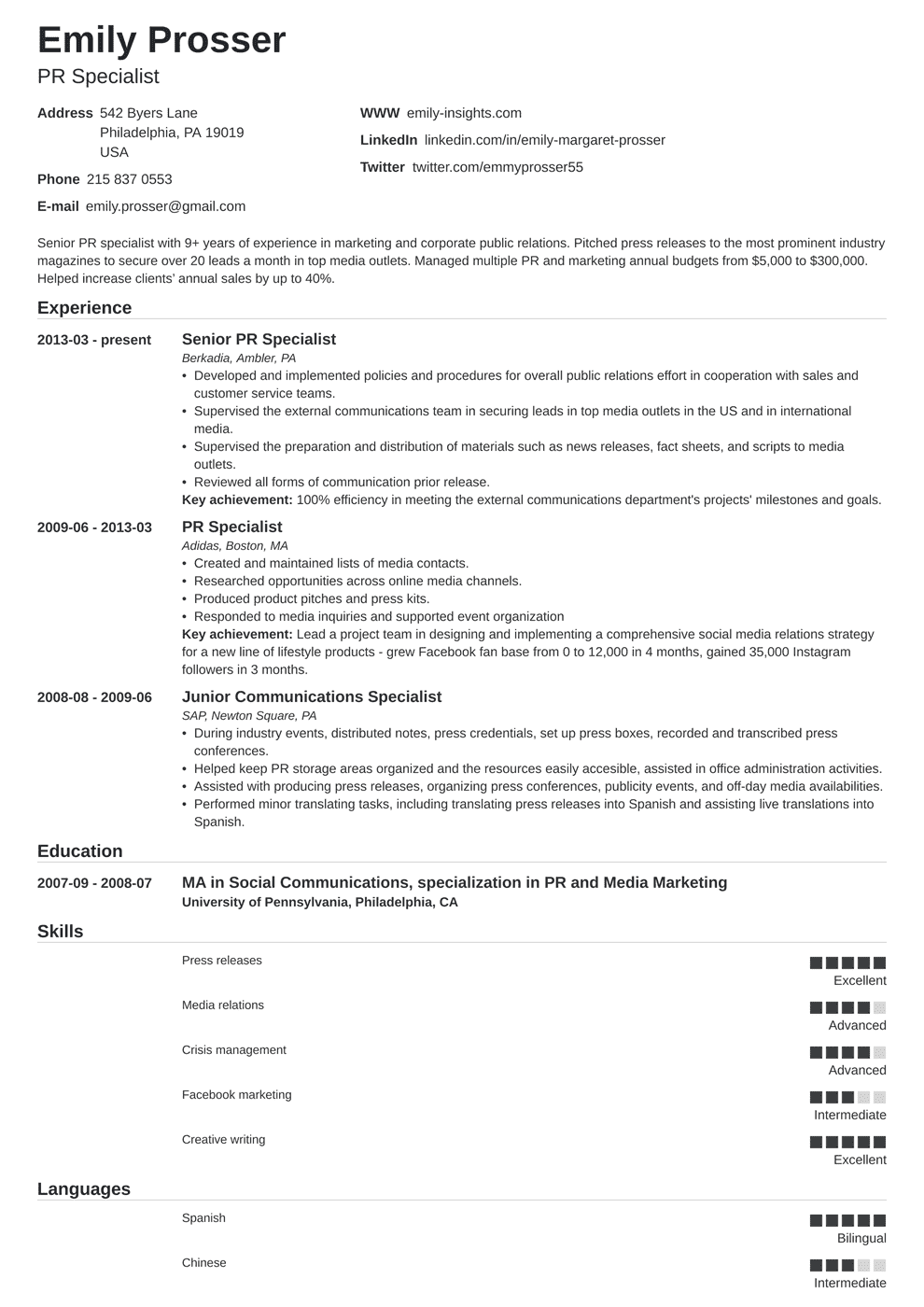 Best Public Relations Resume Examples Also For Pr Interns