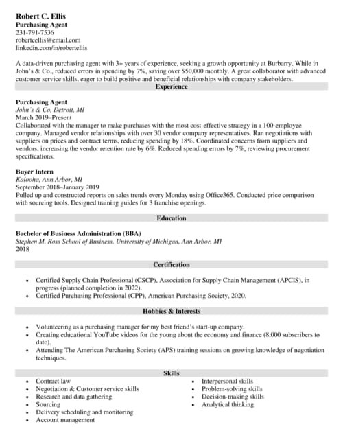 purchasing agent resume example