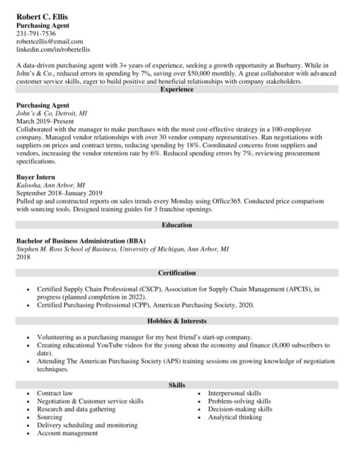 Purchasing Agent Resume Examples Objective Skills