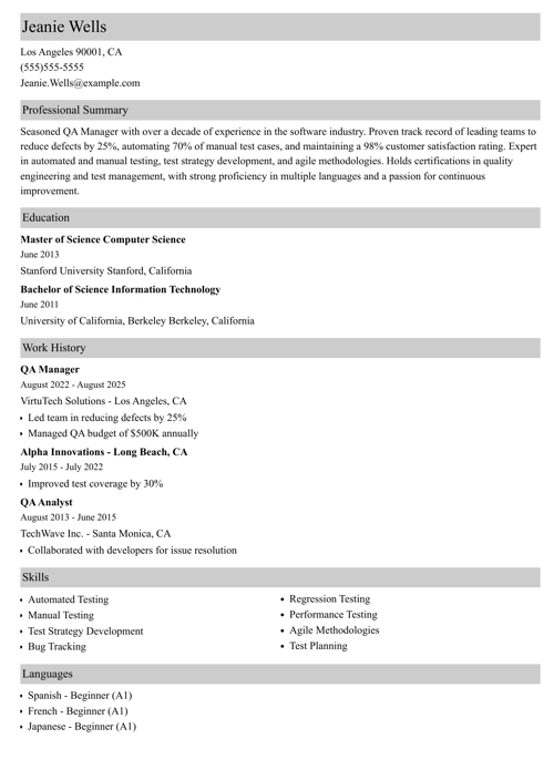 qa manager resume example