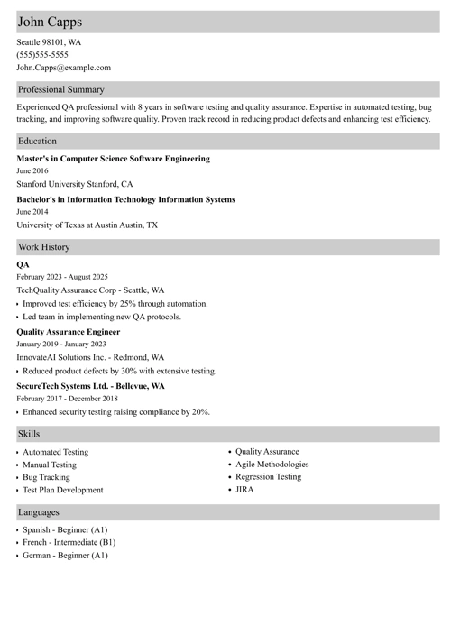 Qa resume example