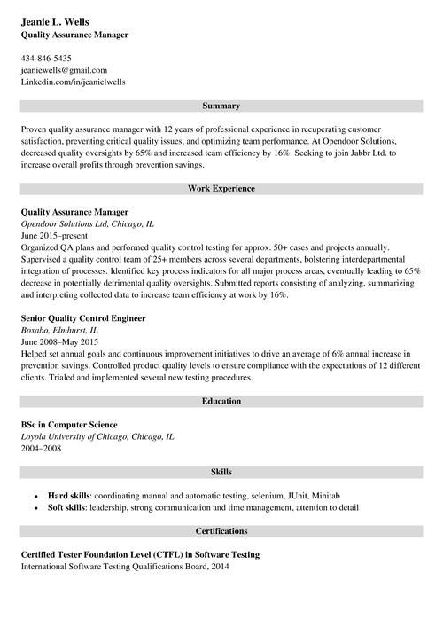 Quality Assurance QA Manager Lead Resume Samples