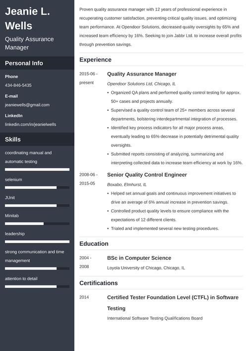 Quality Assurance QA Manager Lead Resume Samples