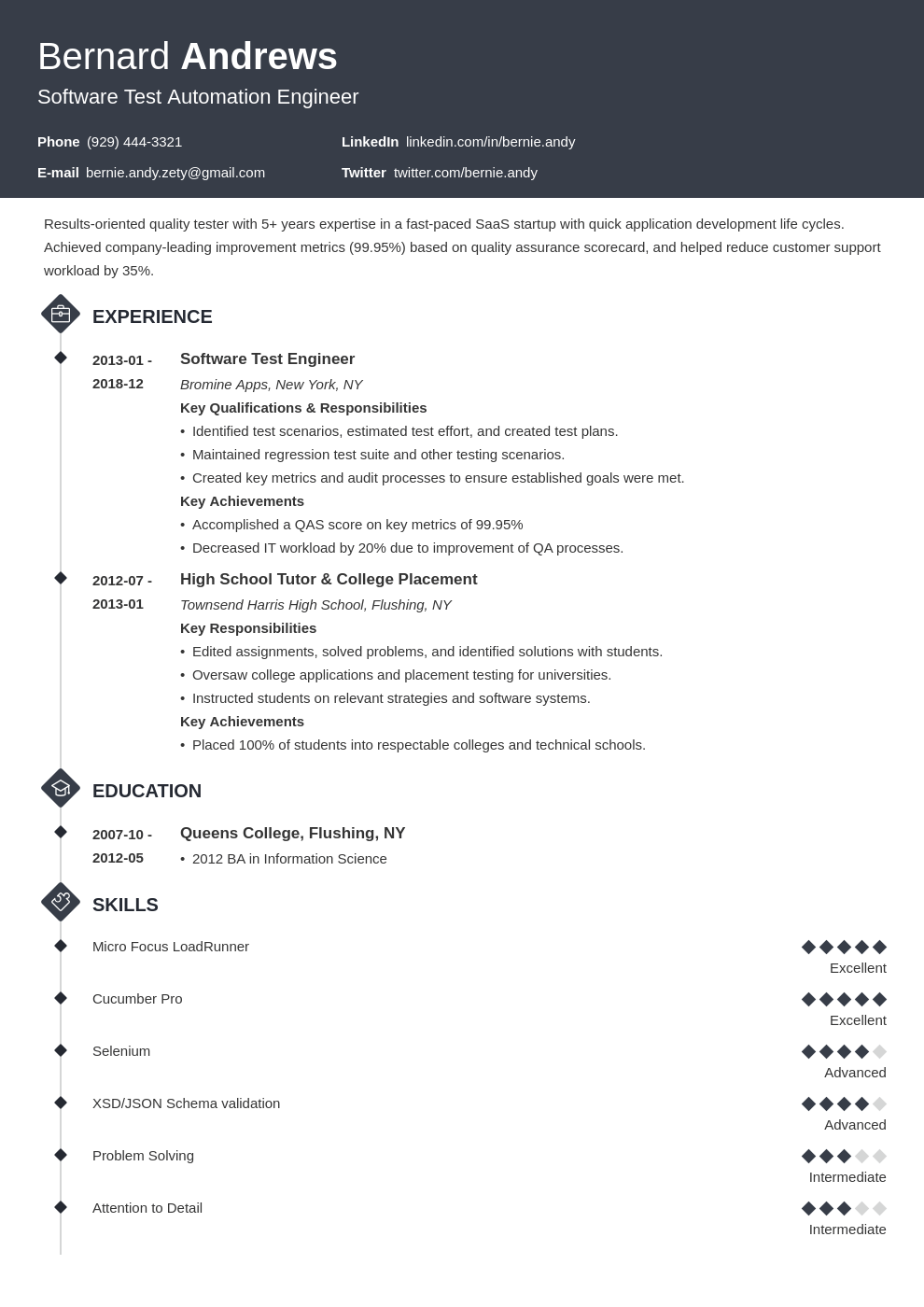 qa resume example template diamond