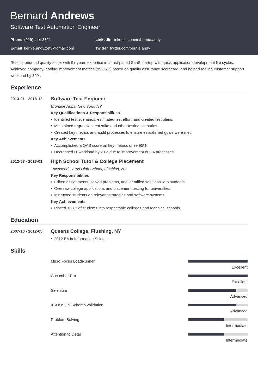 qa resume example template influx