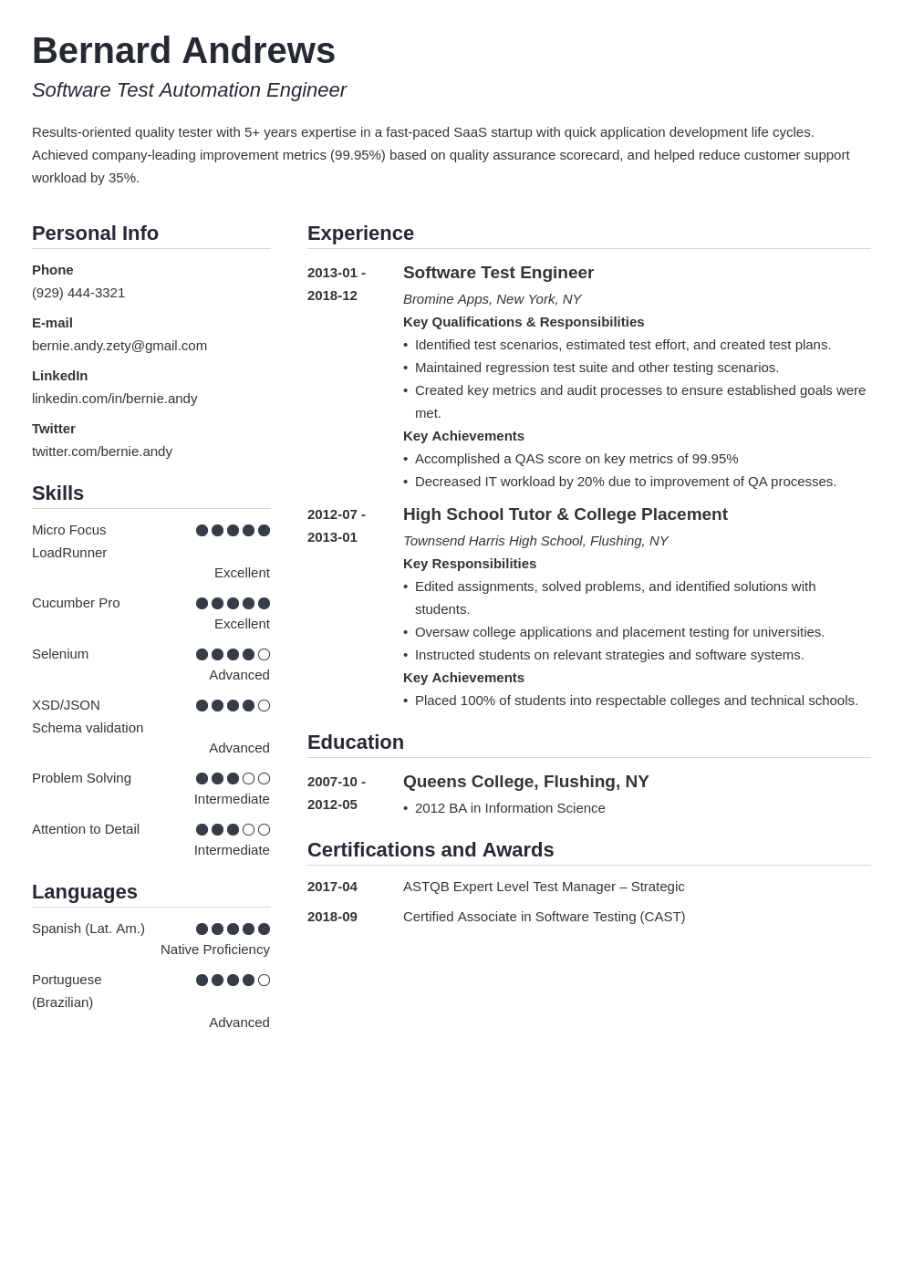 qa resume example template simple