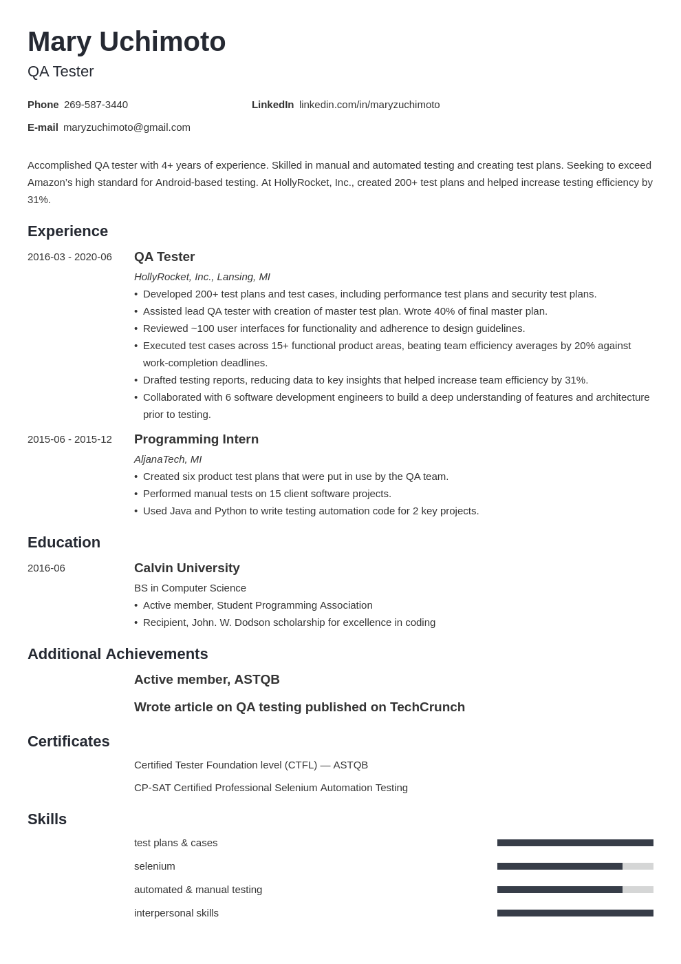 fresher qa tester resume sample