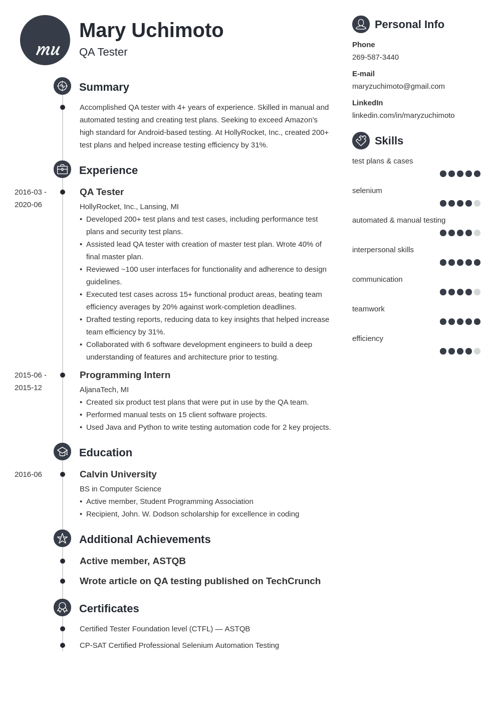 resume sample for qa