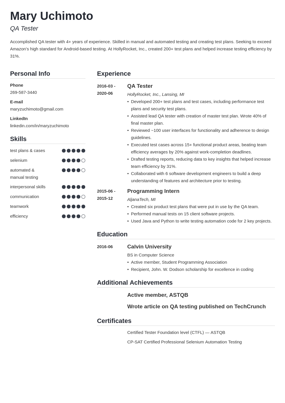 resume for entry level qa tester