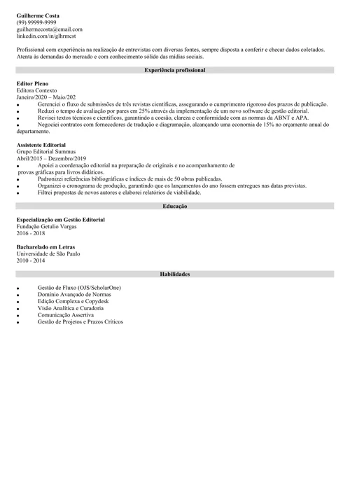 exemplo de currículo preenchido com as qualidades sugeridas pelo gerador online da Zety