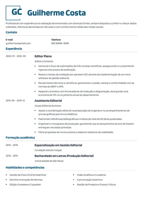 exemplo de currículo preenchido com as qualidades sugeridas pelo gerador online da Zety