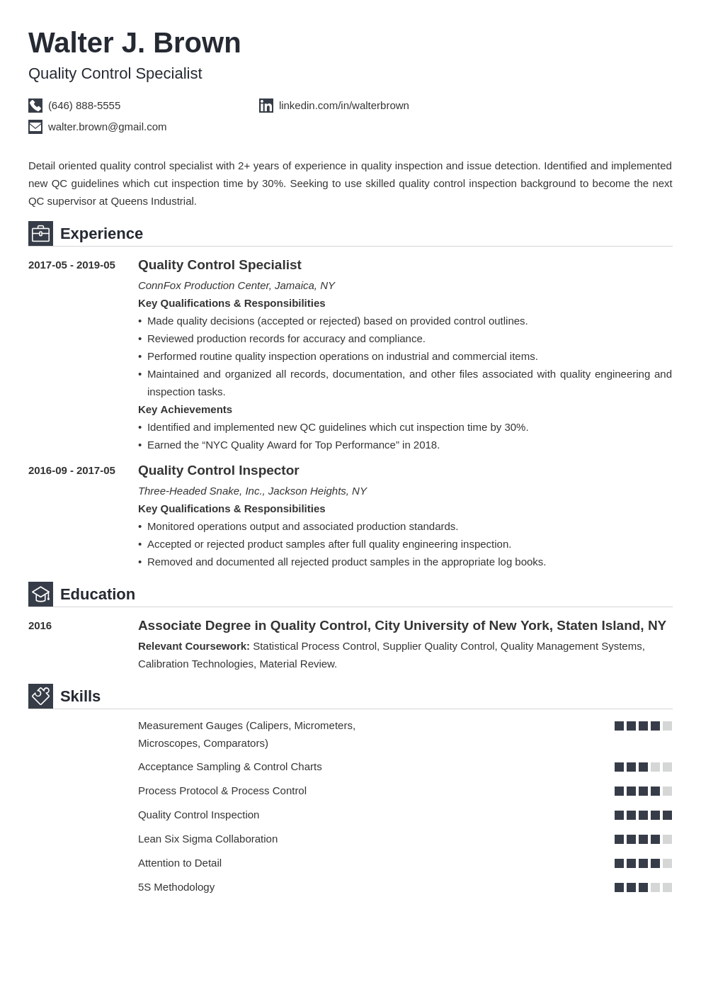 quality experience resume format