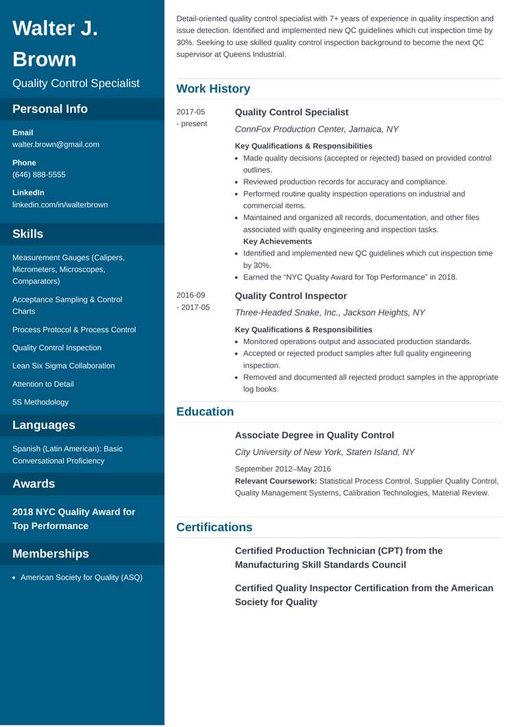 Quality control resume example on Cascade template from Zety