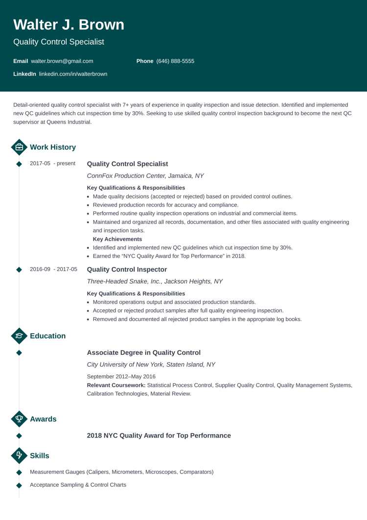 Quality control resume example on Diamond template from Zety