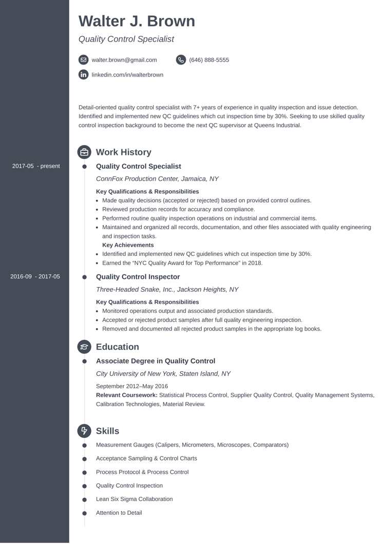 Quality control resume example on Concept template from Zety