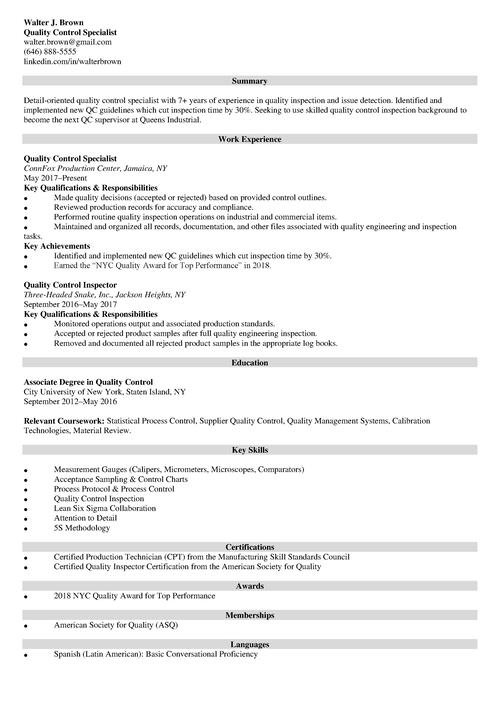 Quality Control Resume Example