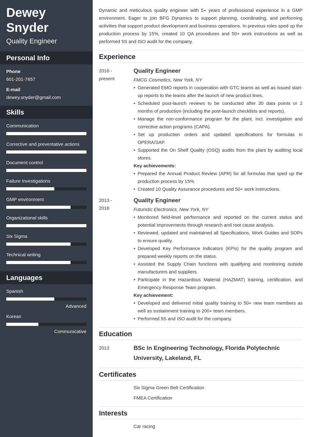 quality engineer resume example template cascade