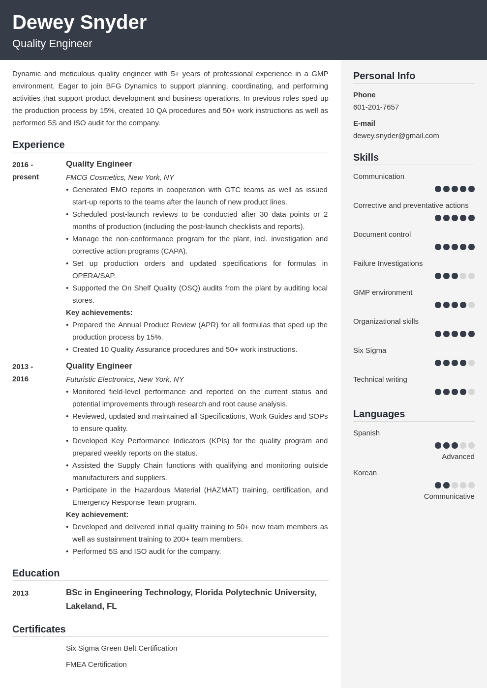 quality engineer resume example template cubic