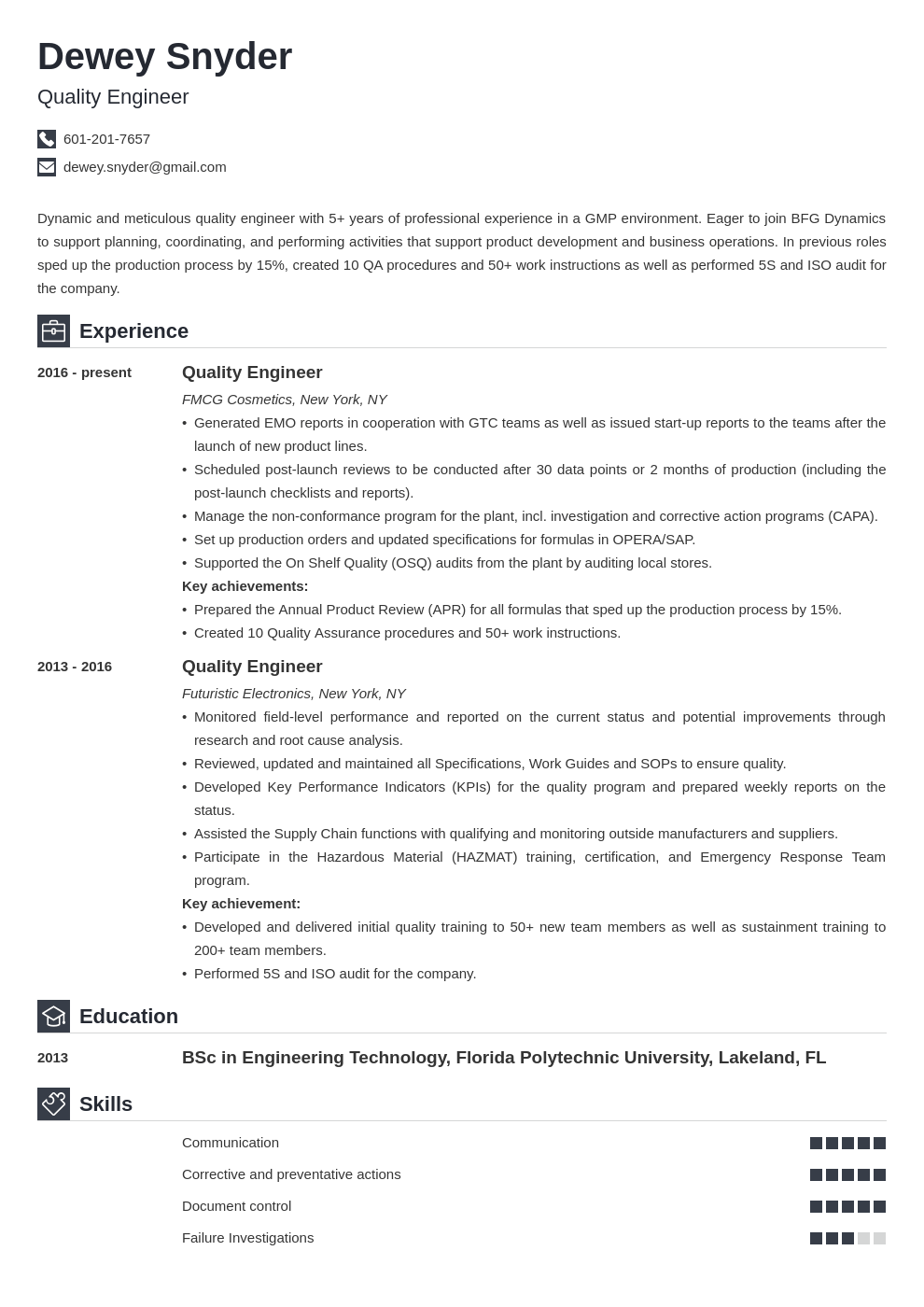 quality engineer resume example template iconic