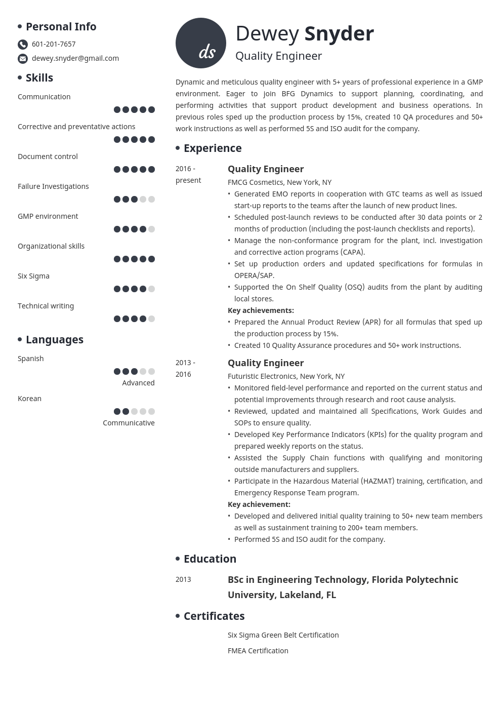 quality engineer resume example template initials