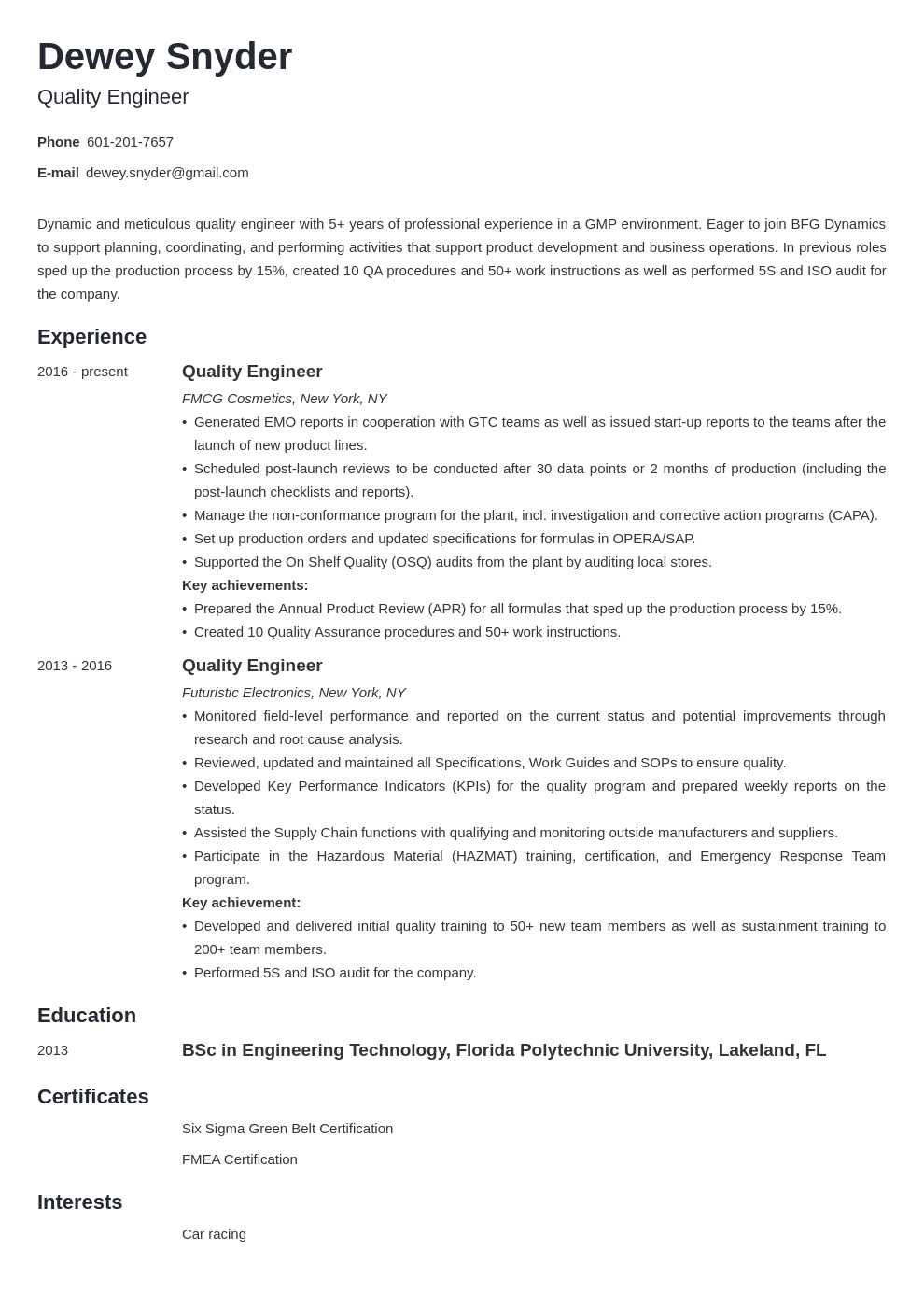 quality engineer resume example template minimo