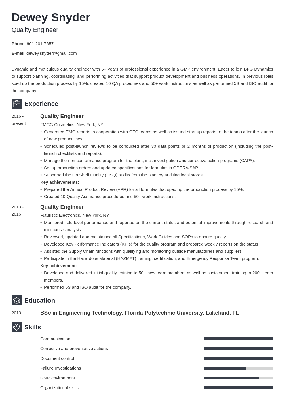 Quality Engineer Resume Sample Writing Guide 20 Tips