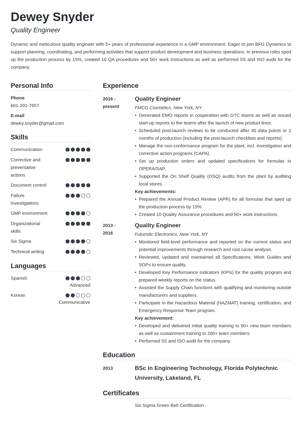 quality engineer resume example template simple