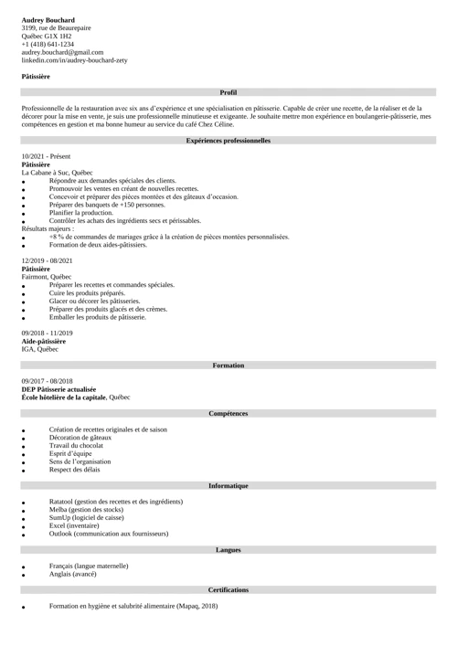 Exemple de CV pâtissière au format noir et blanc, sans photo