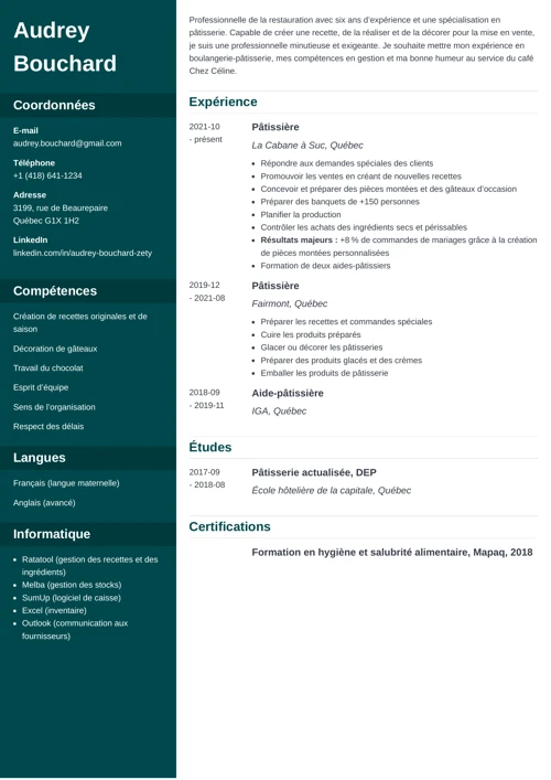 Exemple de CV pâtissière sans photo avec colonne latérale vert foncé