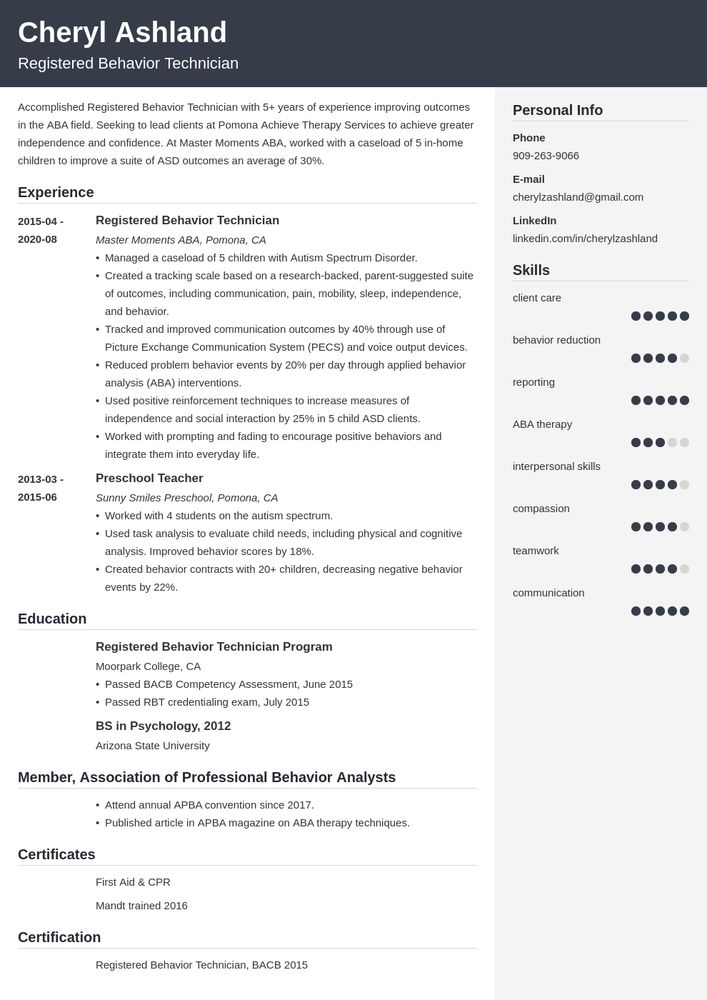 RBT Resume Registered Behavior Tech Examples & Guide