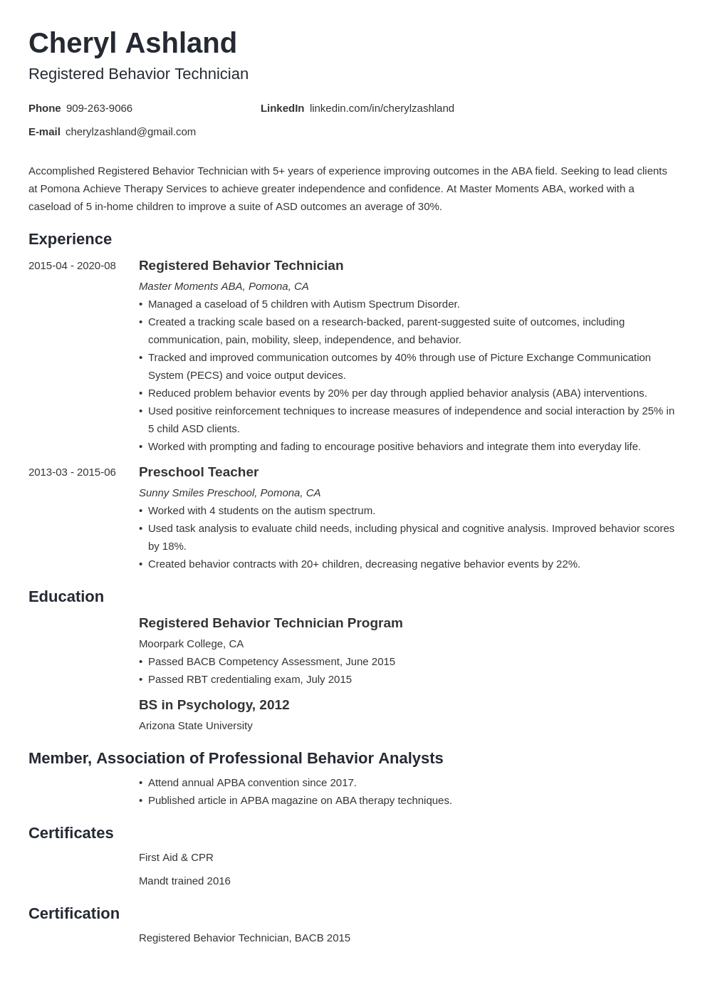 rbt resume examples no experience