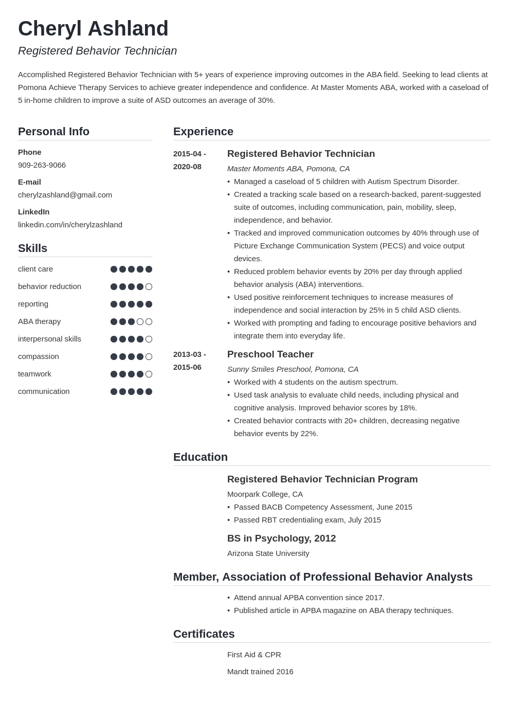 RBT Resume Registered Behavior Tech Examples & Guide