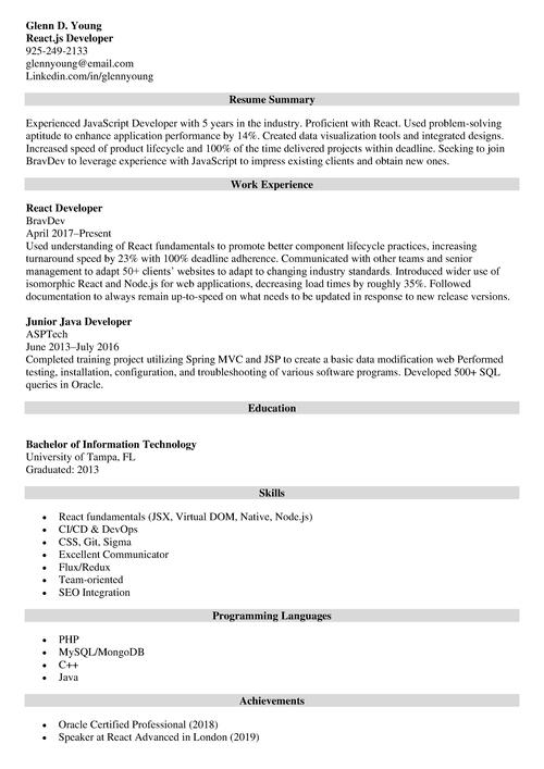 sample resume for react developer