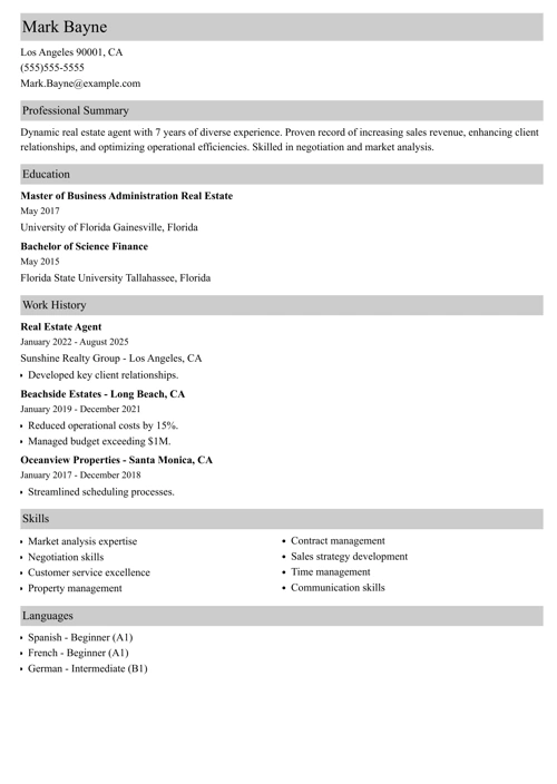 real estate agent resume example