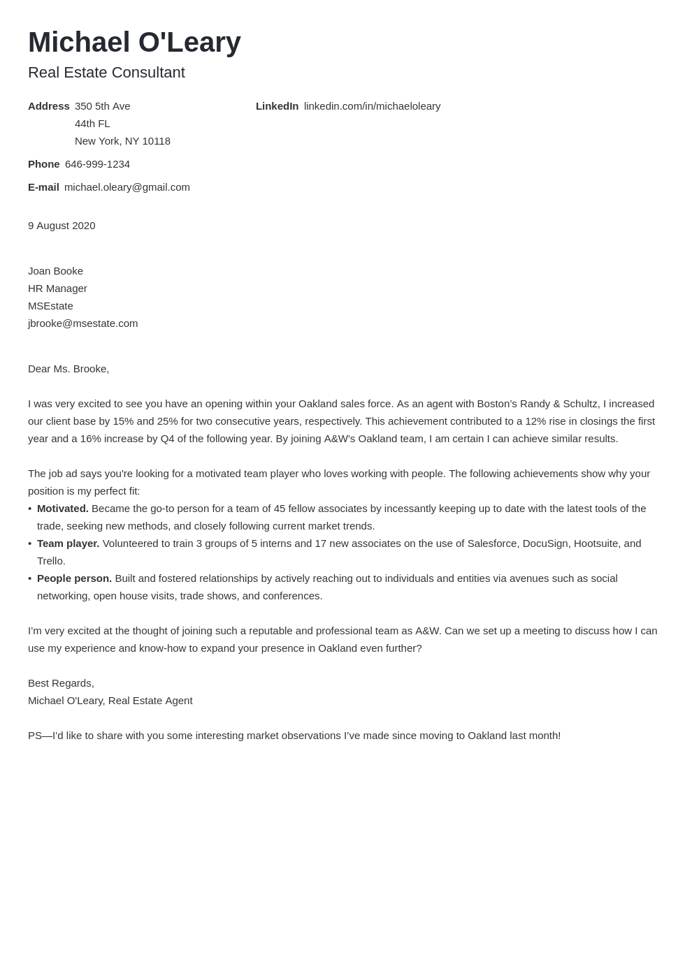 Real Estate Cover Letter Sample (for Agent, Analyst, Assistant)