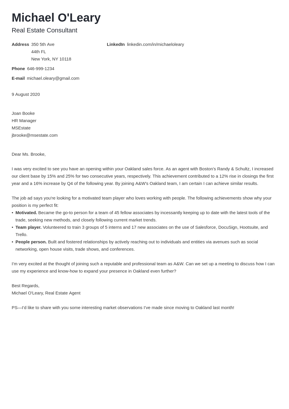 cover letter for real estate developer