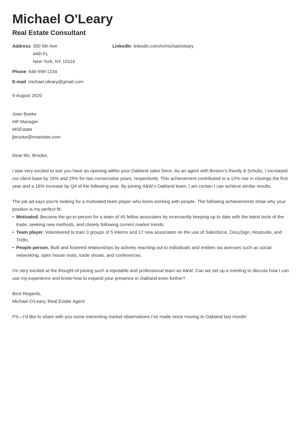 cover letter for property sales consultant