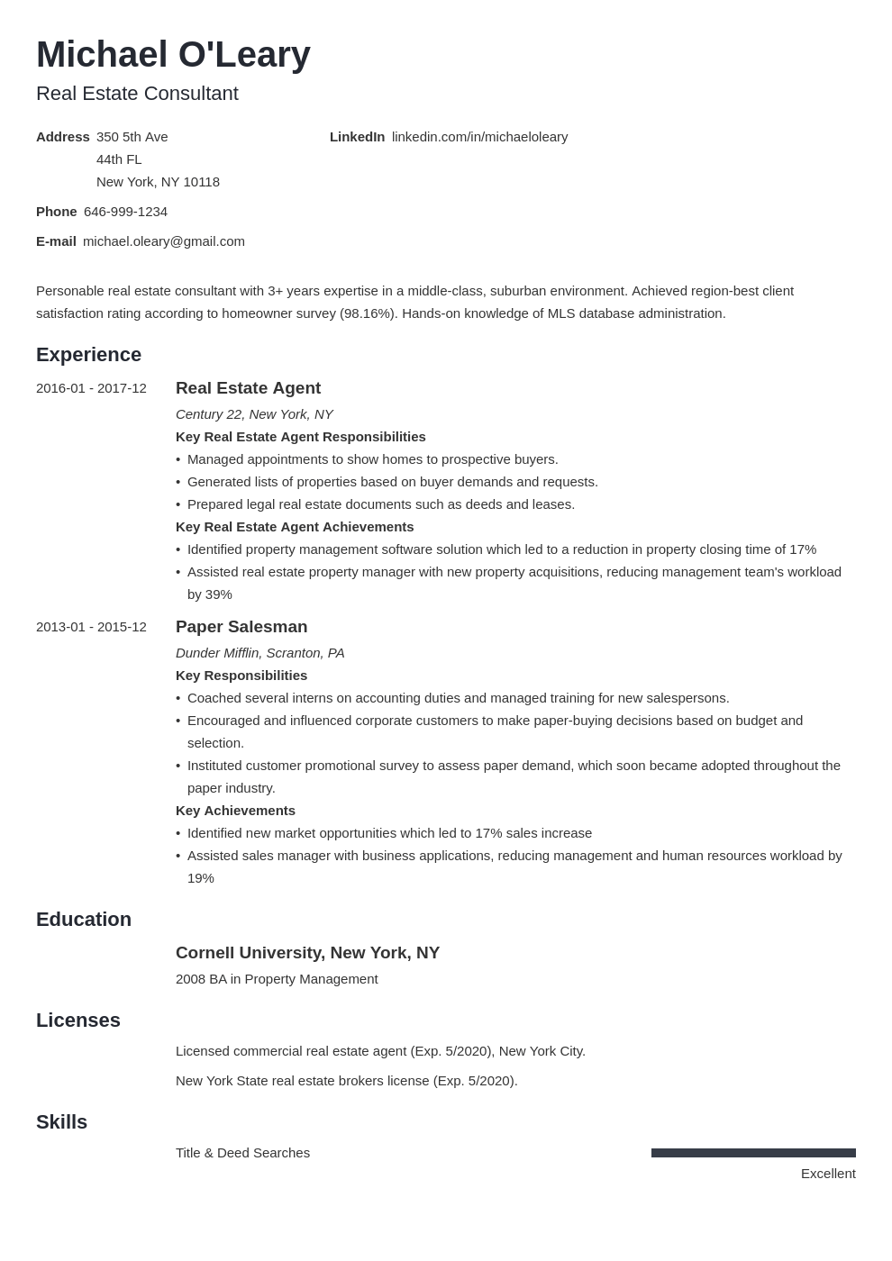 real estate resume example template minimo