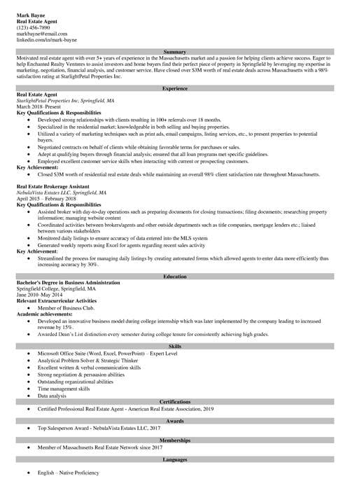 Real estate resume example