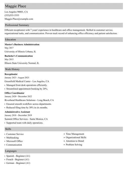receptionist resume example