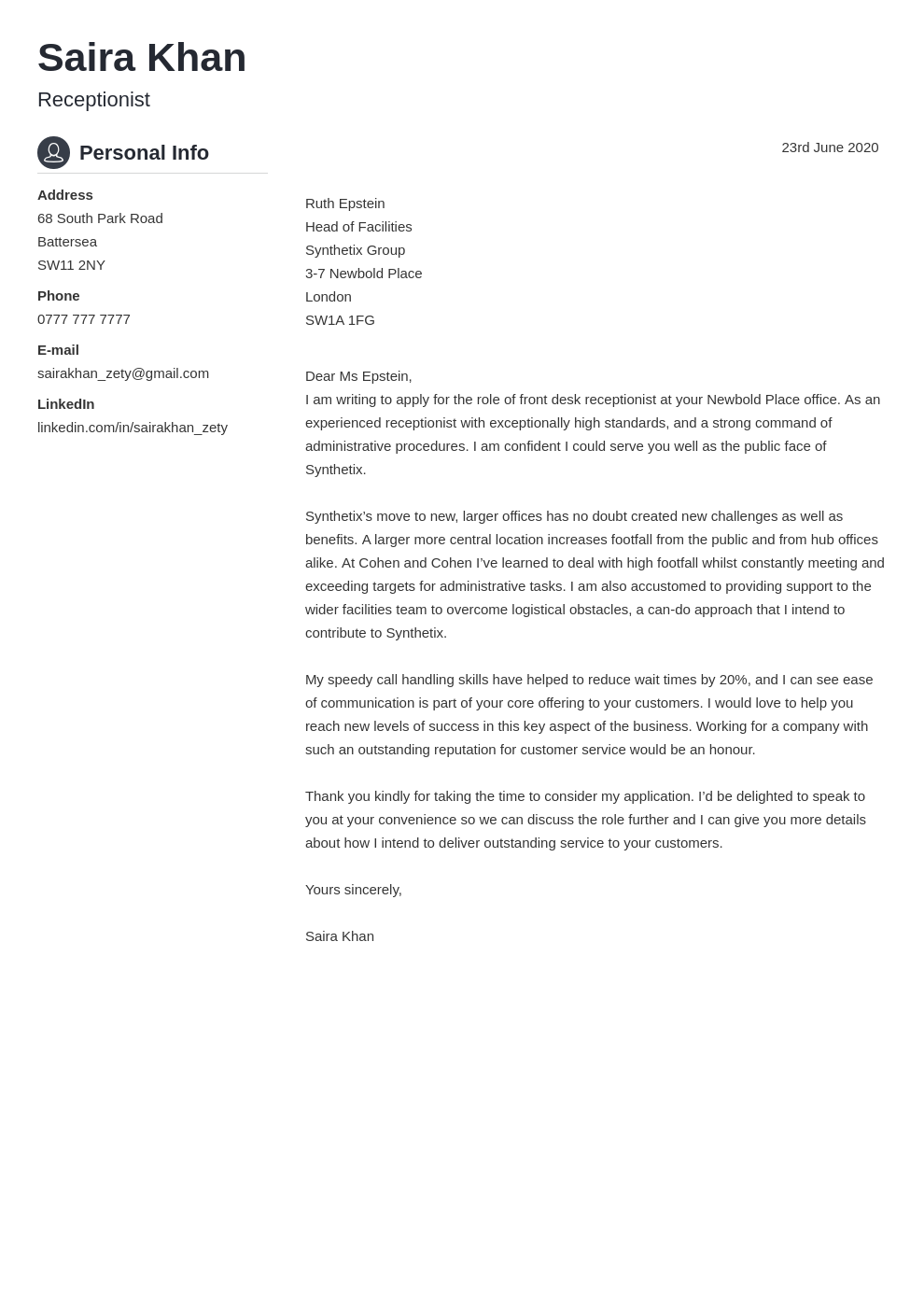 receptionist cover letter without experience