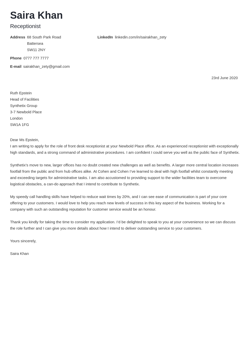 Receptionist Cover Letter Example Template Nanica 