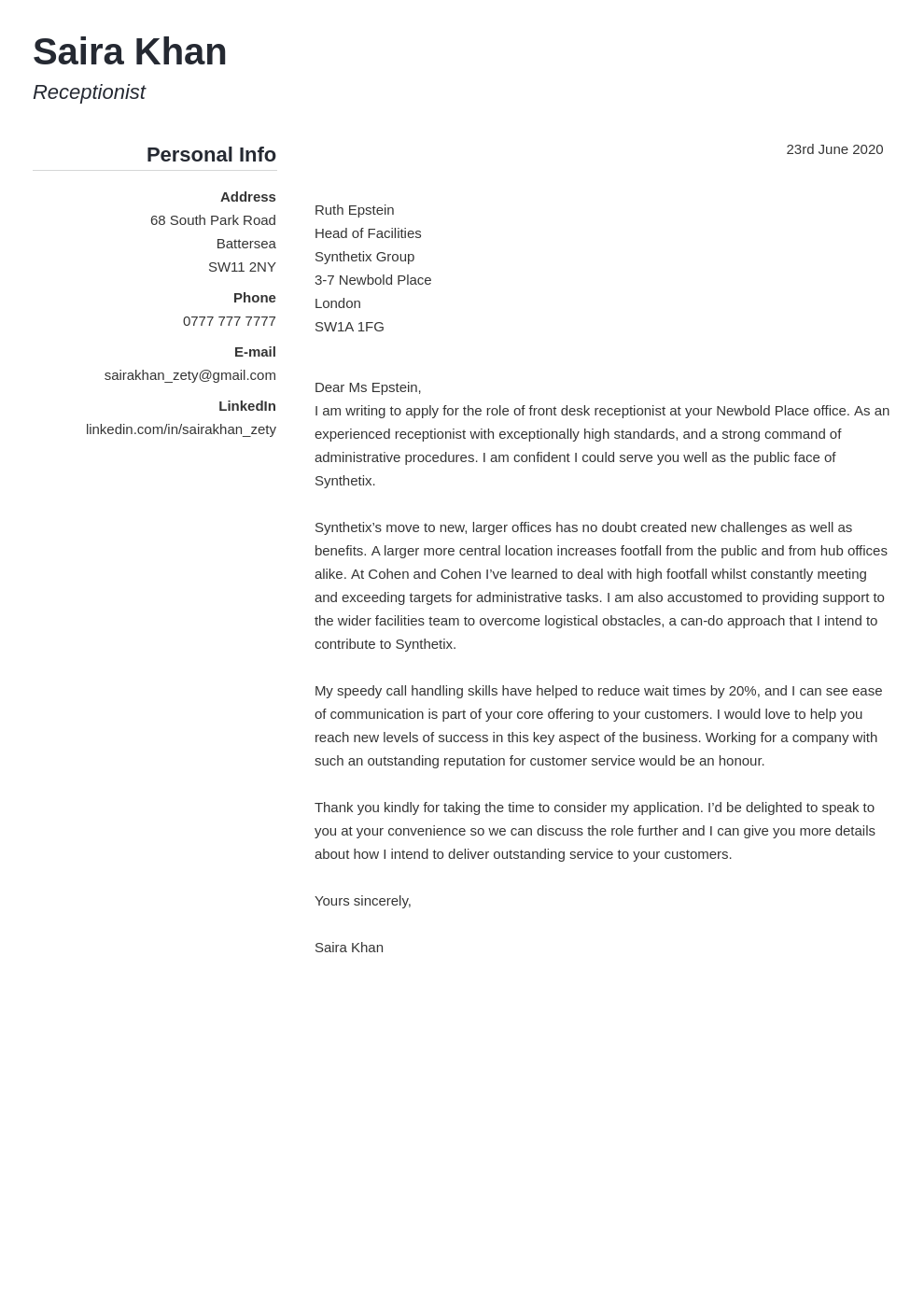 receptionist cover letter examples no experience