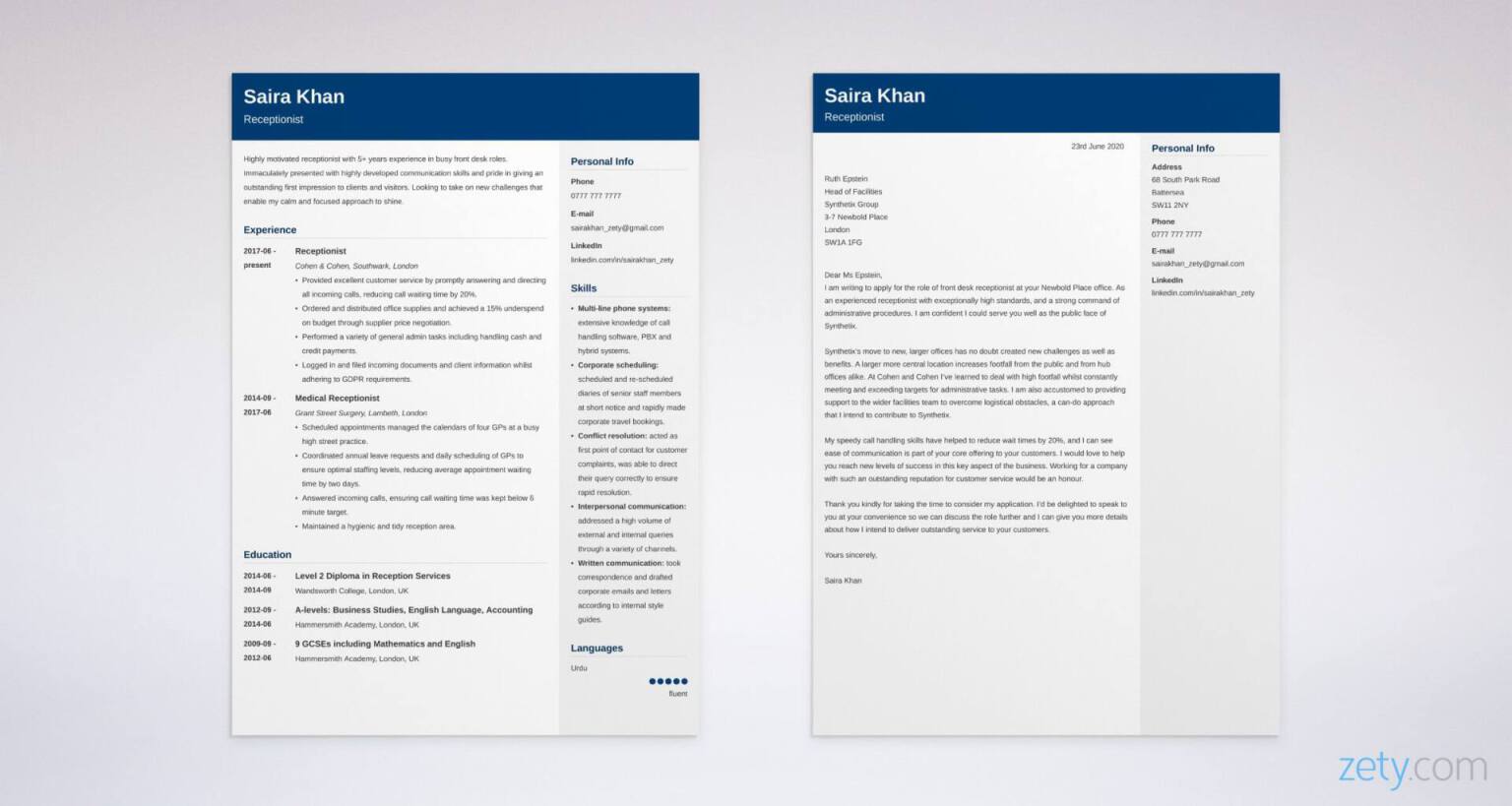 receptionist cv and cover letter set