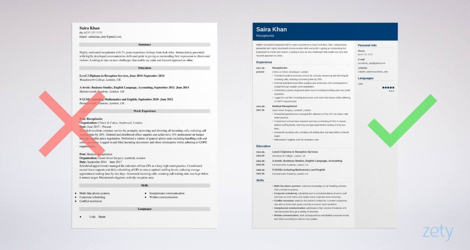 Receptionist CV Sample And Writing Guide