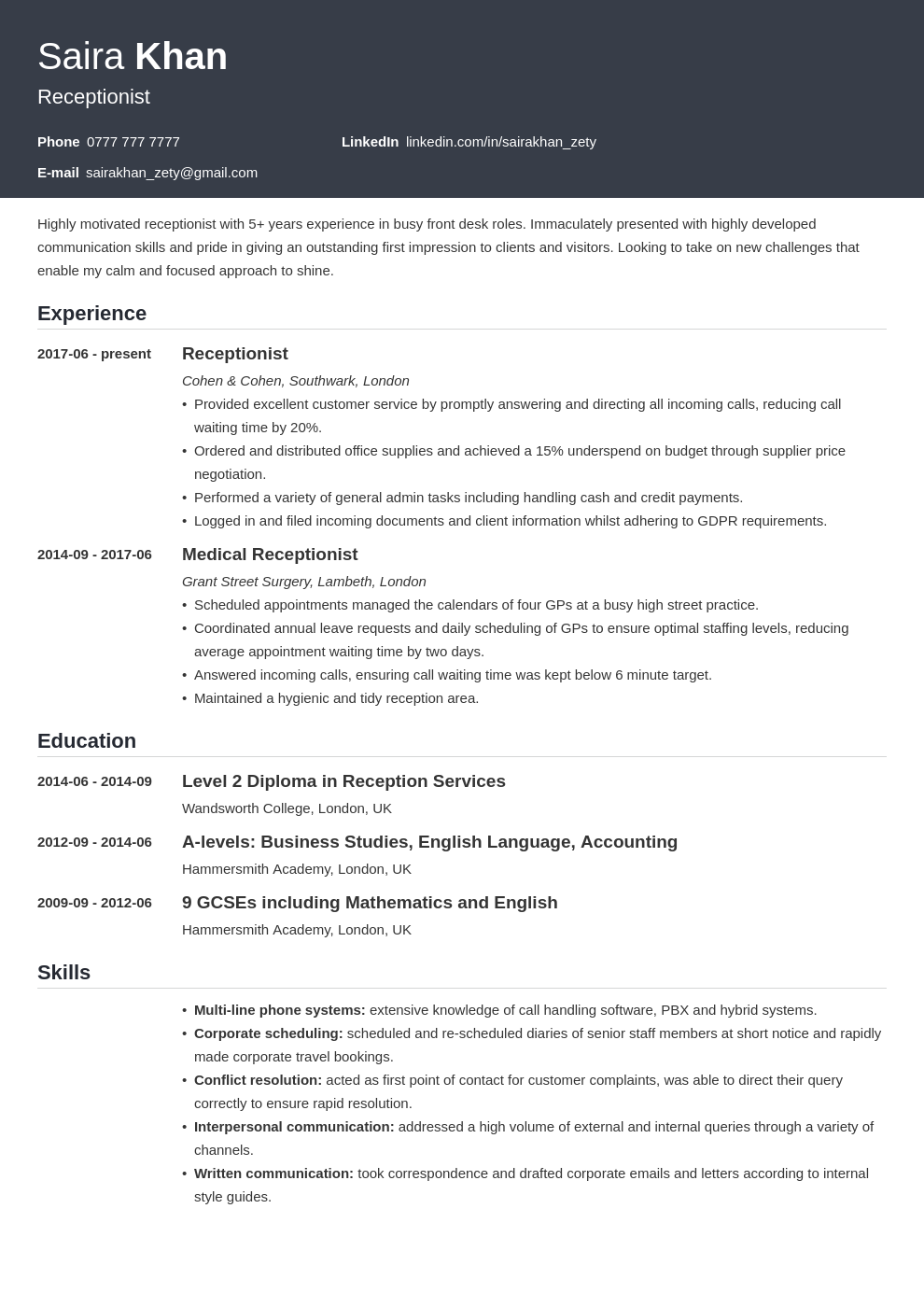 receptionist cv sample and writing guide