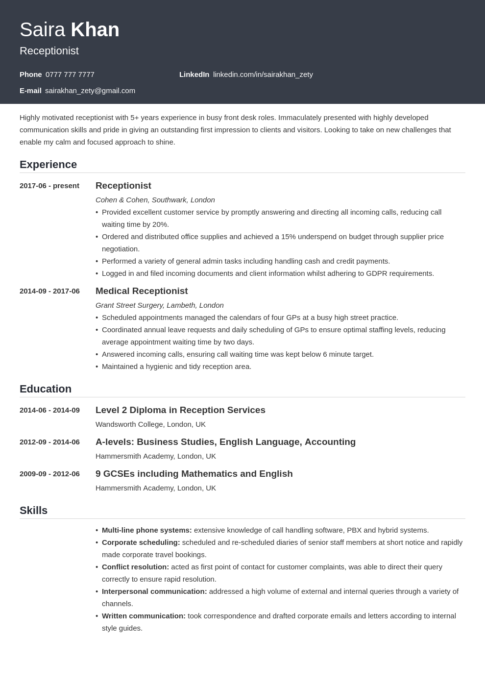 Receptionist CV Sample and Writing Guide