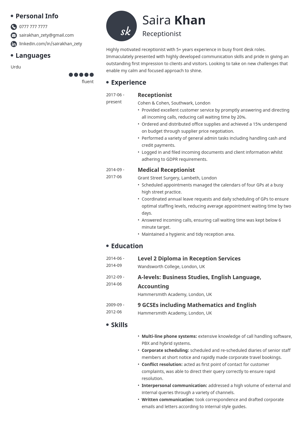 Receptionist CV Sample and Writing Guide